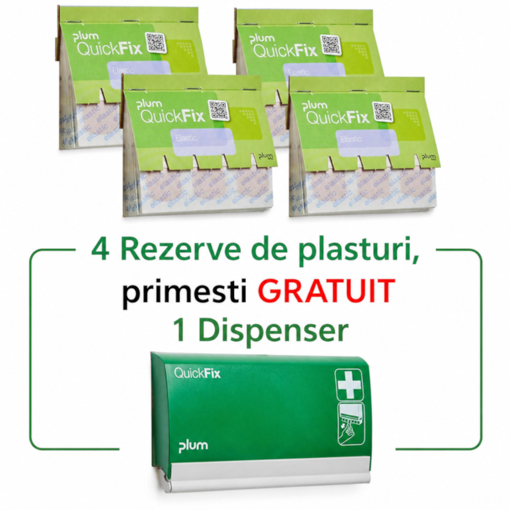 4 rezerve de 45 plasturi elastici QuickFix 5512 + GRATUIT 1 dispenser