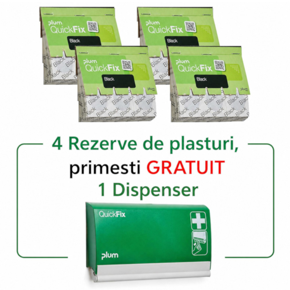 4 rezerve de 45 plasturi negri QuickFix 5522 + GRATUIT 1 dispenser